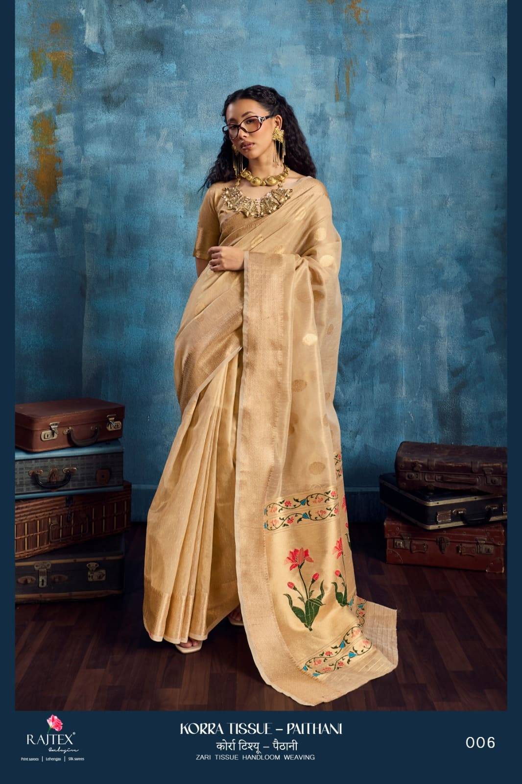 Korra Tissue - Paithani By Raj Tex 001 to 006 Series Indian Traditional Wear Collection Beautiful Stylish Fancy Colorful Party Wear & Occasional Wear Satin Crepe Sarees At Wholesale Price